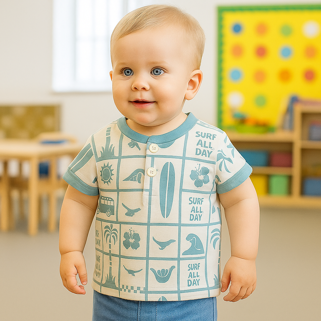 OLLYPOP “Surf All Day” Boys T-Shirt – Soft Cotton Half Sleeve Henley Tee (9M–3Y) – Blue, Mulberry & Turquoise