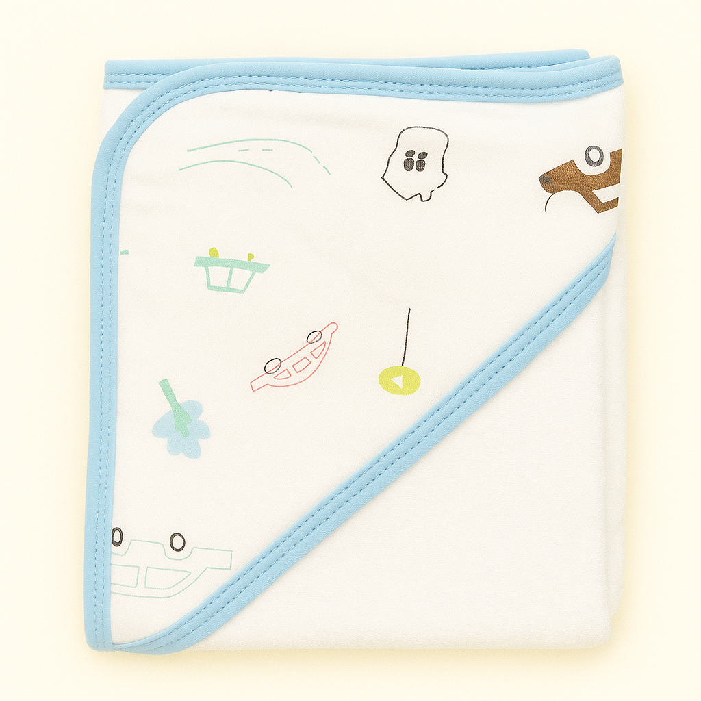 Smile Baby Premium Cotton Hooded Baby Bath Towel – Doodle Print (Blue Border) | Soft, Absorbent & Gentle for Newborns | 0–12 Months