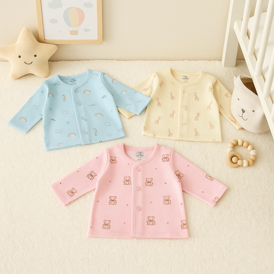 Soft Cotton Printed Front-Open Jabhla for Newborns | Available Any 3 Colors Of Pack (1–3 Months)