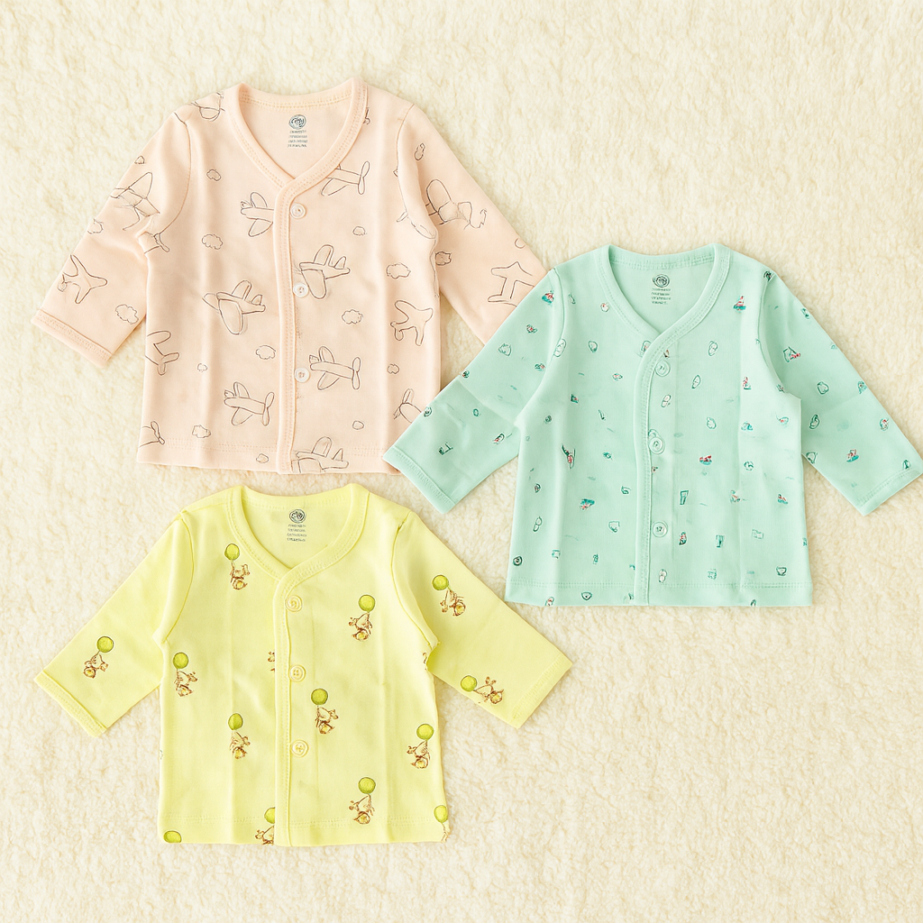 Soft Cotton Printed Front-Open Jabhla for Newborns | Available Any 3 Colors Of Pack (1–3 Months)