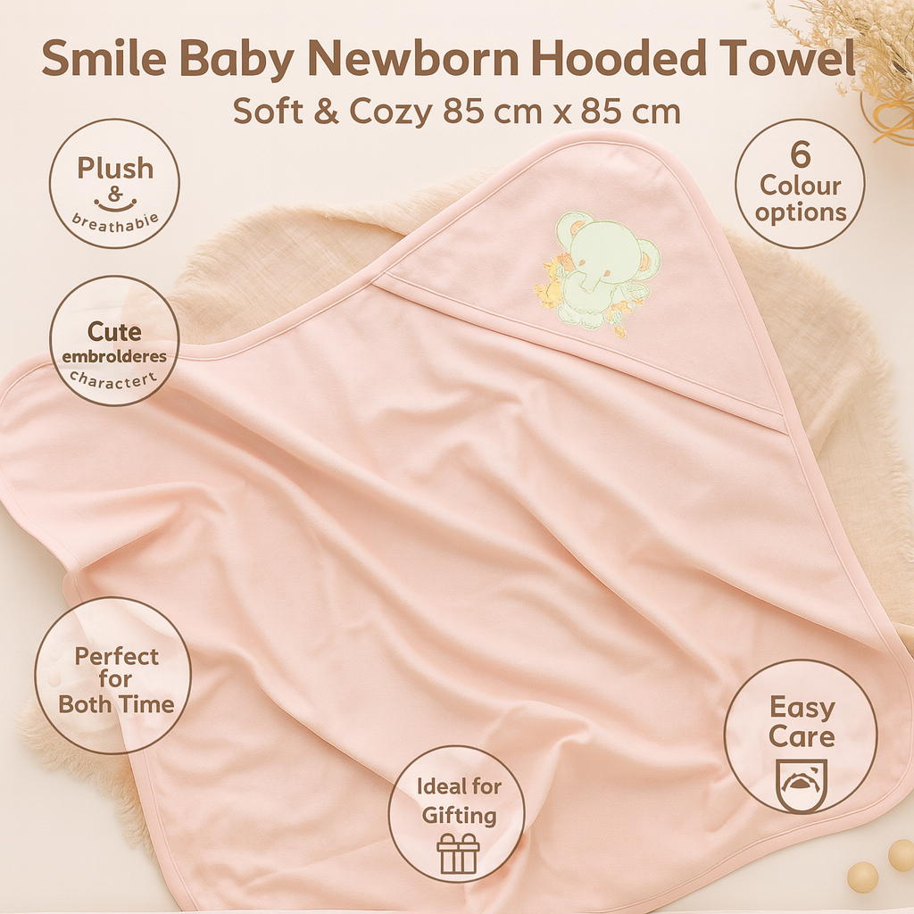 Smile Baby Newborn Hooded Towel – Ultra Soft 85×85 cm (Cream, L.Blue, L.Pink, Peach, Pista, Silver)