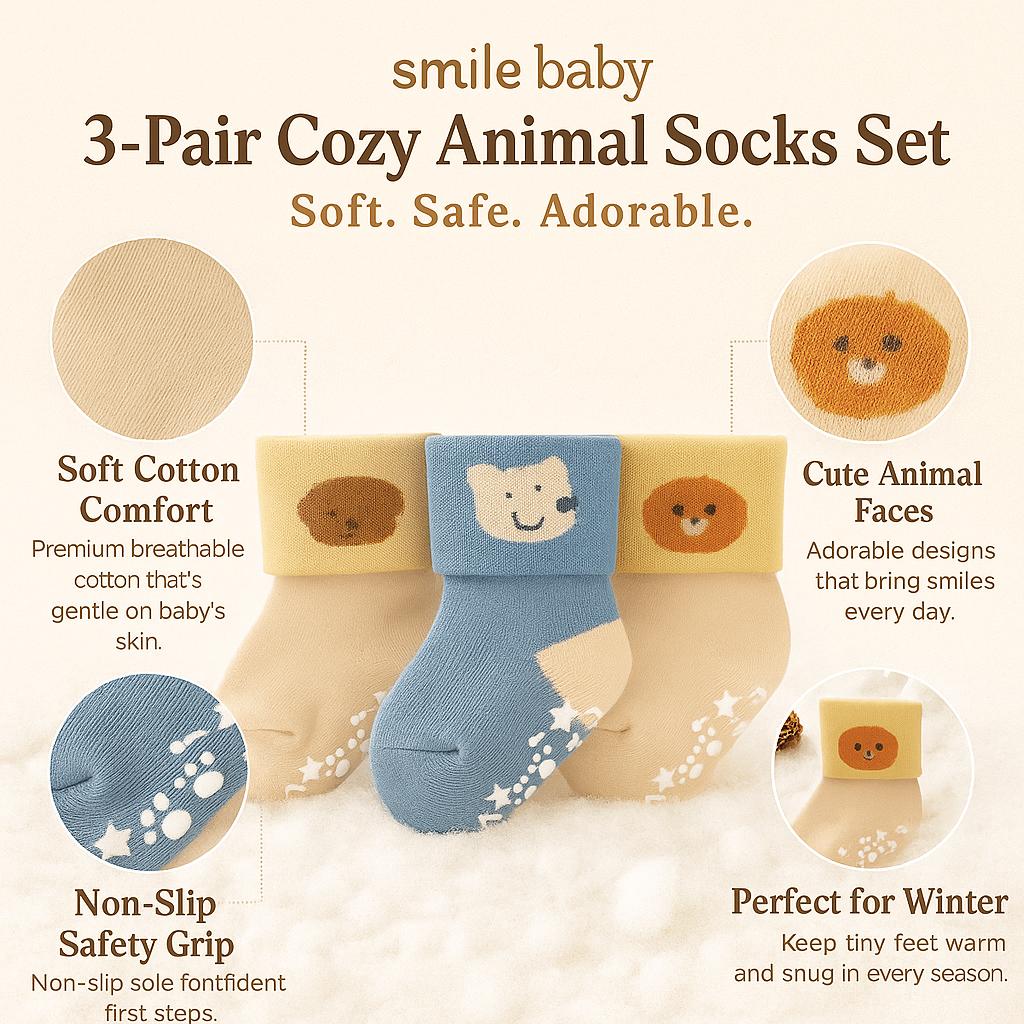 Smile Baby Winter Animal Face Socks Set for Infants – Pack of 3 Soft Cotton Warm Socks with Anti-Slip Grips , AGE 0-12M