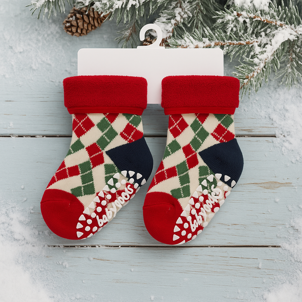 SMILE BABY Soft Winter Baby Socks | Warm & Cozy Cotton Socks with Anti-Slip Sole | Cute Christmas Design | Pack of 3 – Red, Green & Blue | Age 0–12 Months
