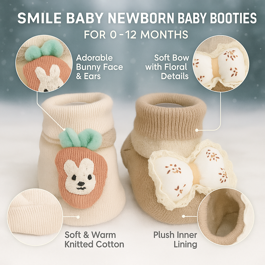 SMILE BABY Newborn Baby Booties | Soft Knitted Cotton Booties with Bunny & Bow Designs | Warm & Cozy Infant Shoes (0–12 Months) | Unisex Pack of 2
