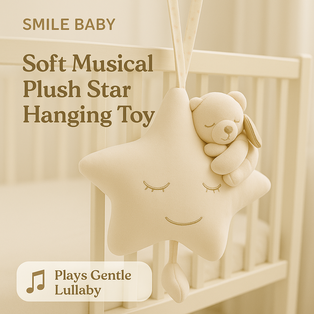 SMILE BABY Soft Musical Plush Star Hanging Toy with Teddy | Baby Crib & Stroller Hanging Toy | Lullaby Soothing Toy | Available in Cream, Pink & Blue