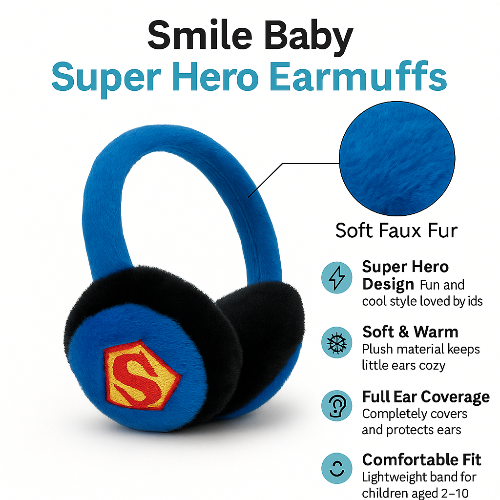 Smile Baby Super Hero Plush Earmuffs for Kids | Soft & Cozy Winter Ear Covers | Warm Cartoon Design for Boys & Girls