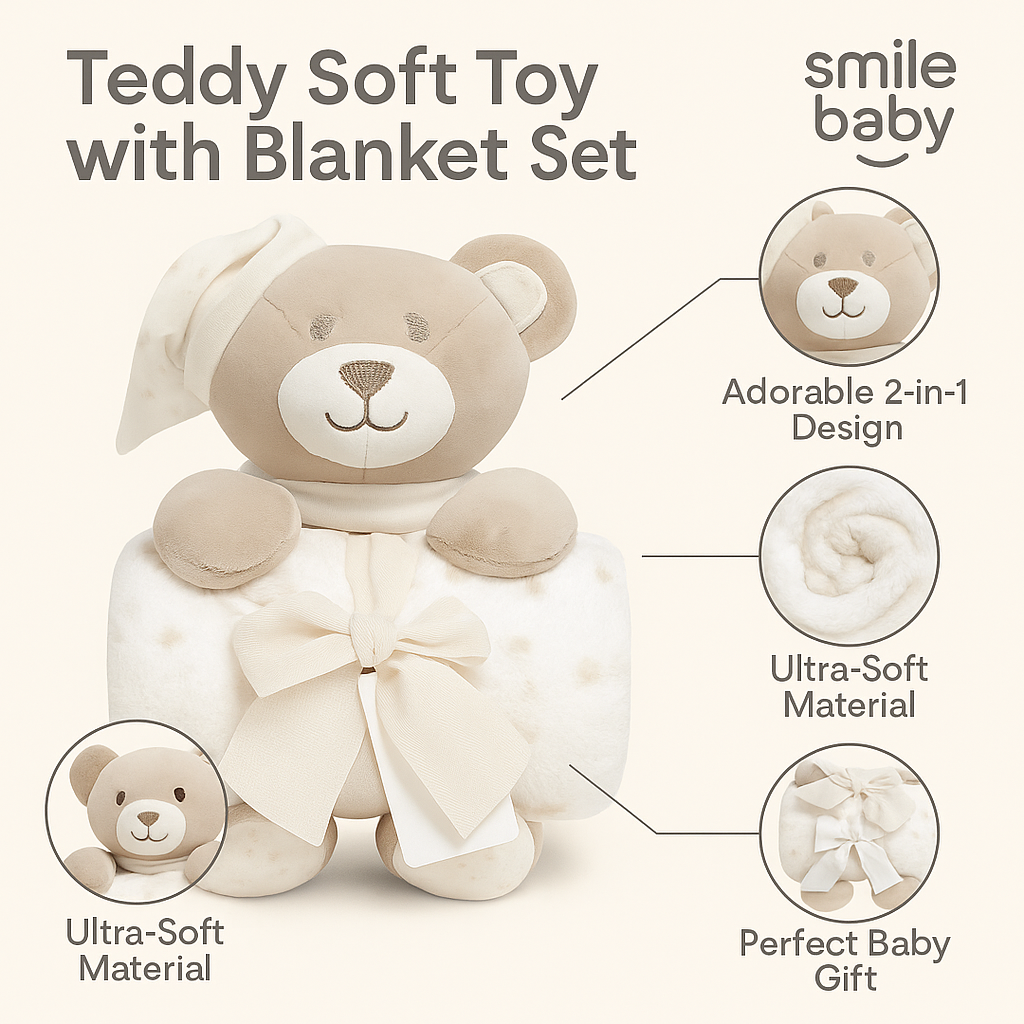 Smile Baby Teddy Soft Toy with Blanket Set – Super Soft Cuddly Plush Toy for Newborns, Infants & Toddlers | Perfect Baby Shower Gift (gray )