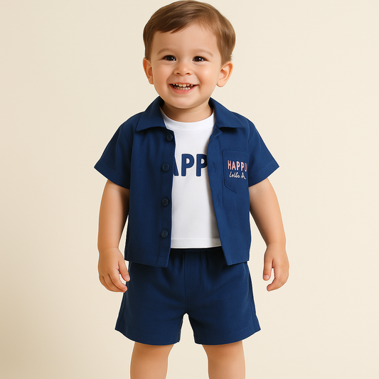 SMILE BABY “Happy Little Boy” Summer Outfit Set for Boys – Cotton Shorts & T-Shirt With Shirt (Newborn to 9 Months)