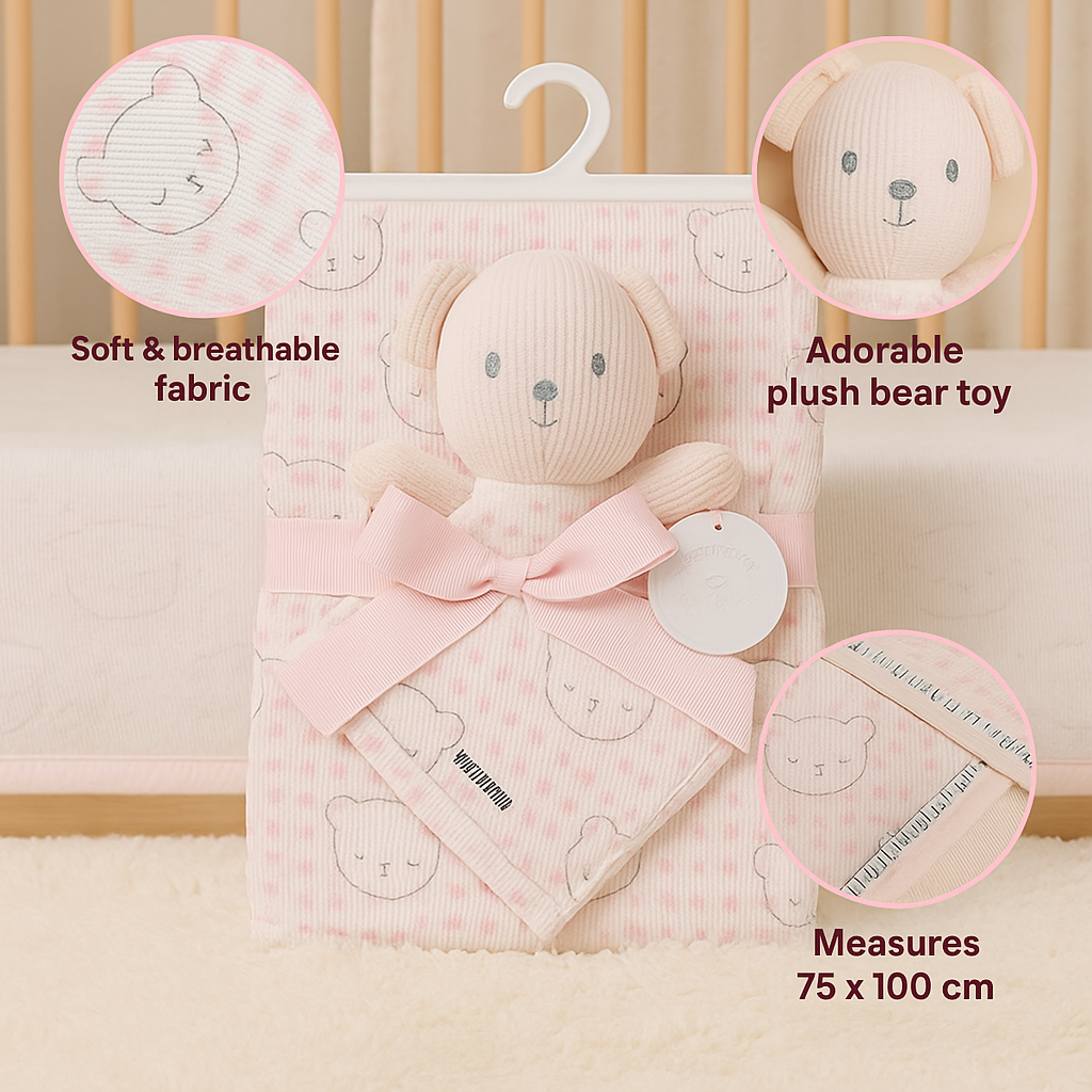 SUNNOZY Cute Bear Baby Blanket with Soft Toy – Pink | 75×100 cm | Ultra-Soft & Gentle for Newborns