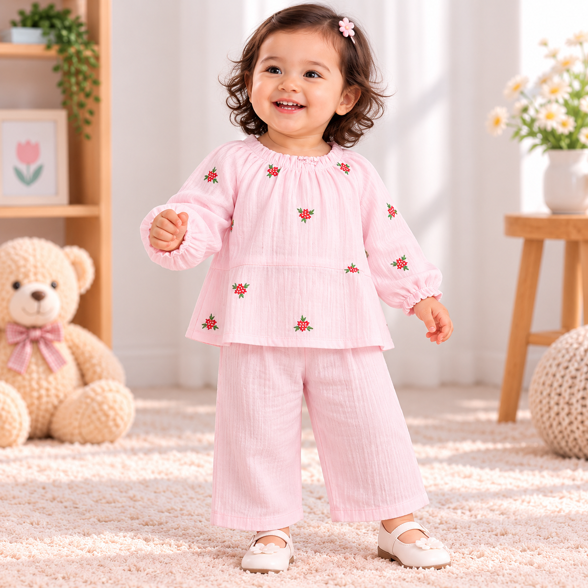 Smile Baby Girls Muslin Cotton Floral Night Suit 