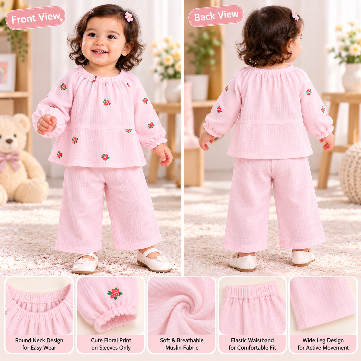 Smile Baby Girls Muslin Cotton Floral Night Suit 