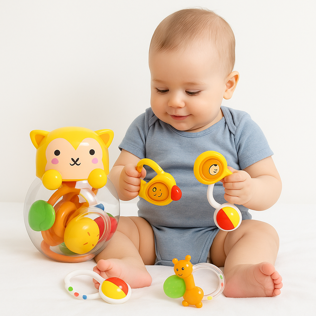 Smile Baby 5-in-1 Red Animal Shaped Baby Rattle Set | BPA-Free Infant Toys | Sound & Teether Toys for Newborns (0+ Months)