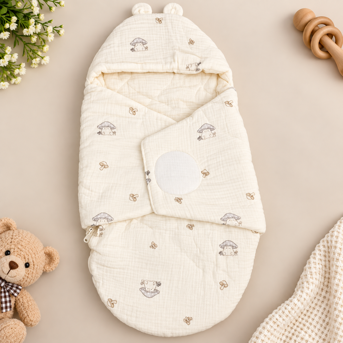 SMILE BABY Newborn Muslin Swaddle Sleeping Bag – Cream Blue Mushroom Print Baby Wrap with Hood 
