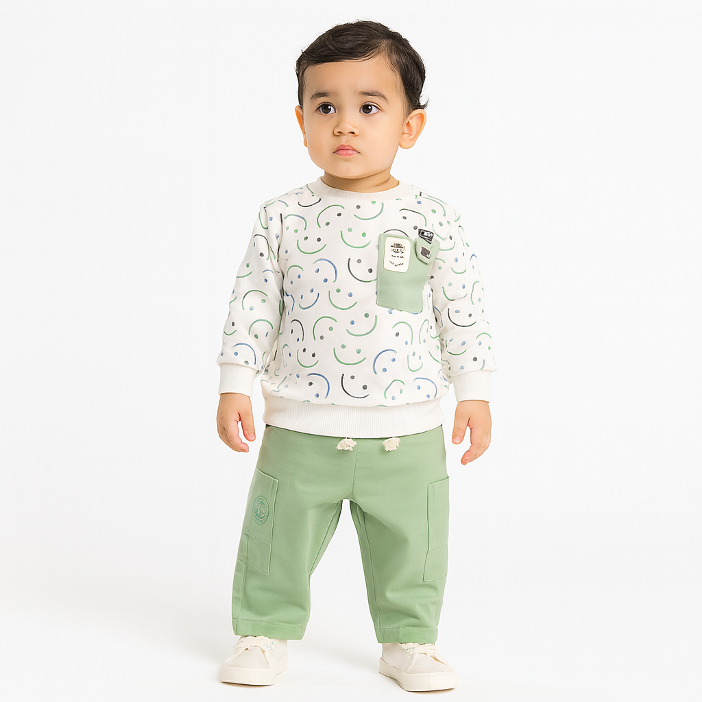 Smile Baby Boys Sweatshirt with Cargo Pants Set – Olive & Rust | 0-3 Years