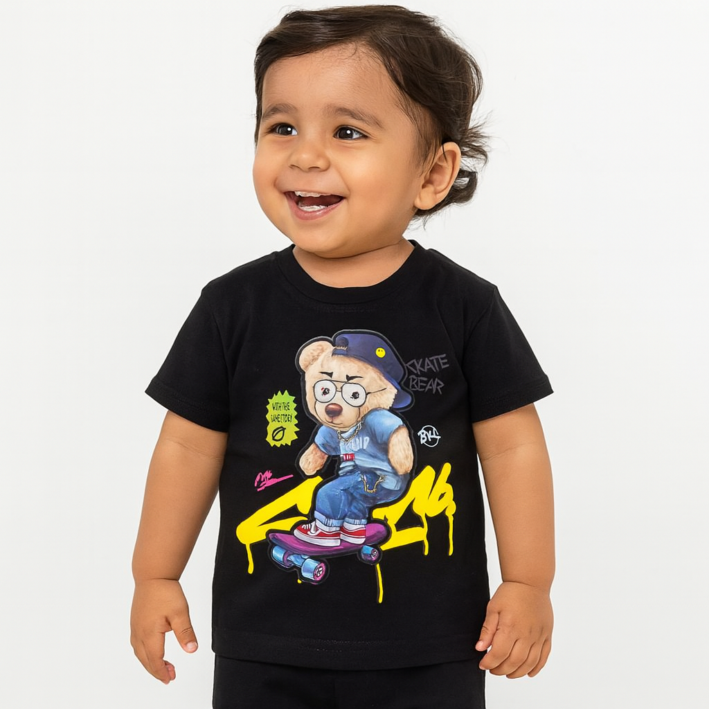 COOLEST Skate Bear Printed T-Shirt for Boys | Age 12 Months – 4 Years | Orange, Neon Green, Black