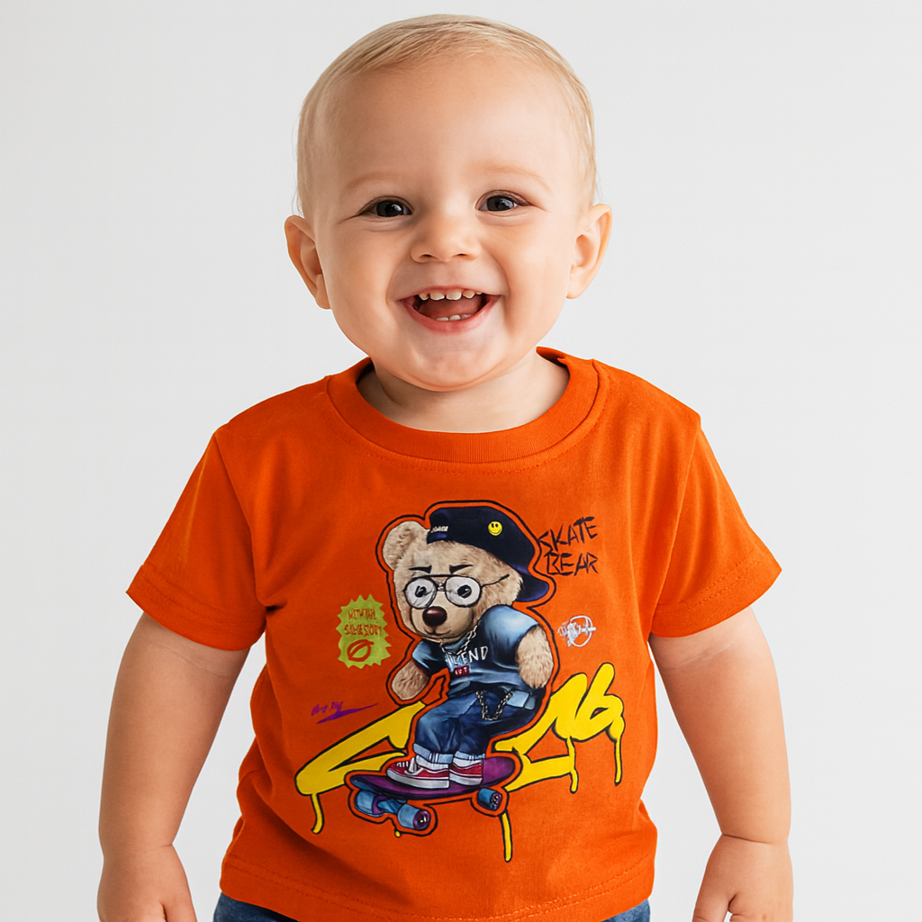 COOLEST Skate Bear Printed T-Shirt for Boys | Age 12 Months – 4 Years | Orange, Neon Green, Black