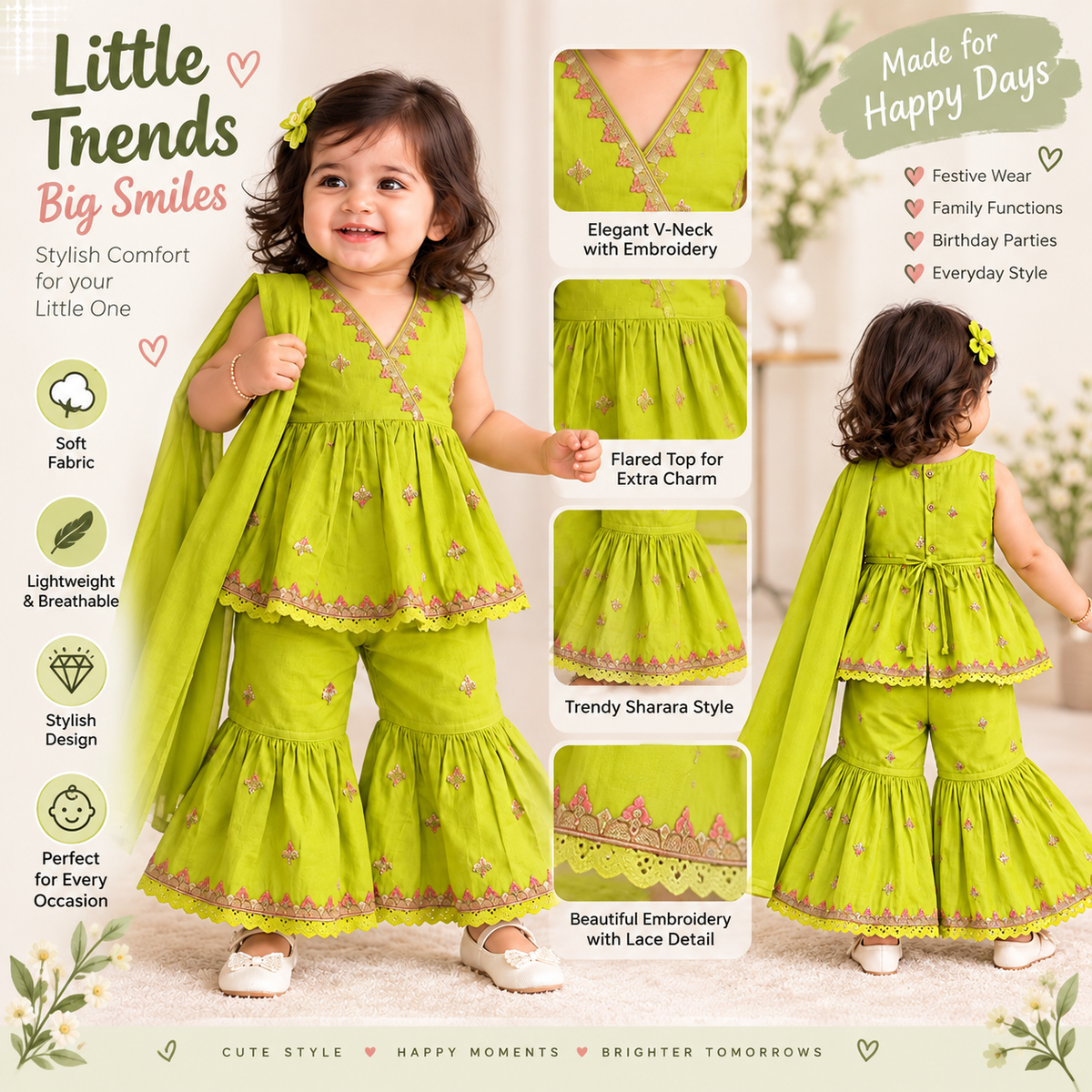 Green Girls Sharara Set | Embroidered Ethnic Wear | SMILE BABY | 3M TO 18M 
