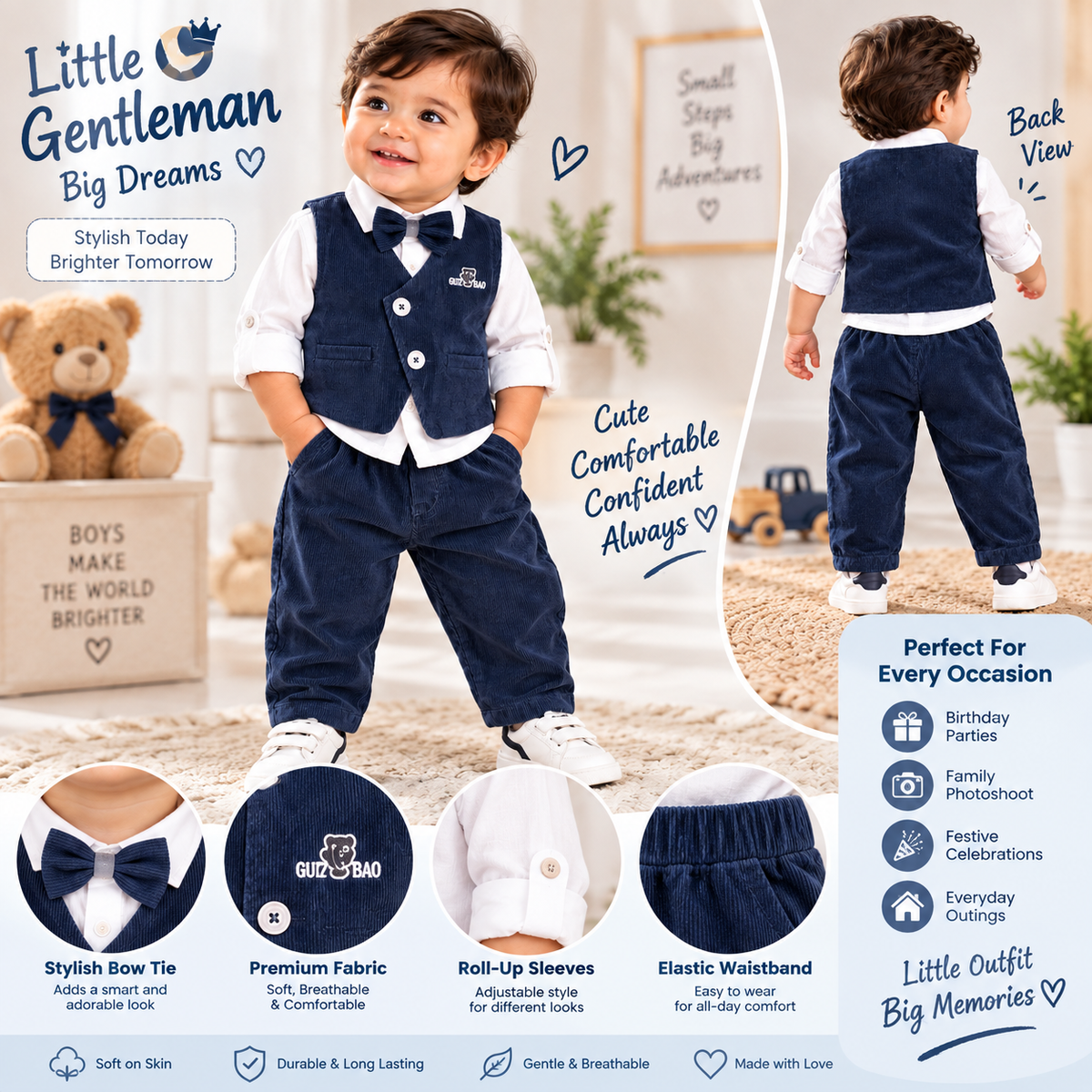 Blue Boys Party Wear Set | Bow Tie Waistcoat Set | SMILE BABY | 3M TO 18M 