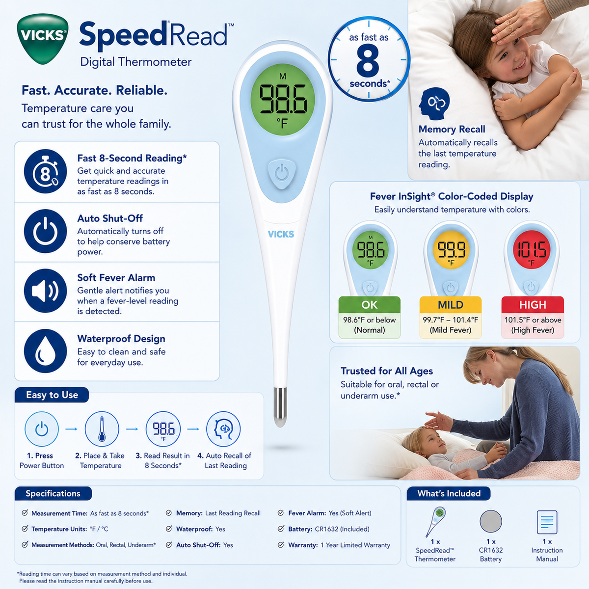 VICKS SpeedRead digital thermometer with 8-second fast reading, Fever InSight color-coded fever display, memory recall, waterproof design, auto shut-off, soft fever alarm and CR1632 battery.