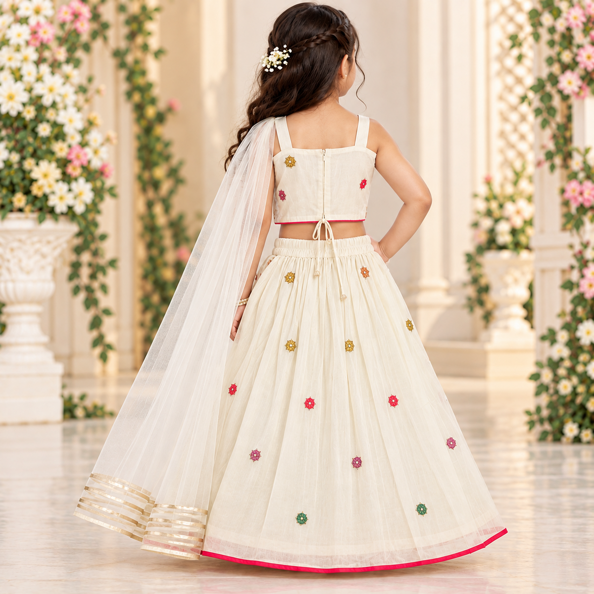 Girls ethnic lehenga set back view cream