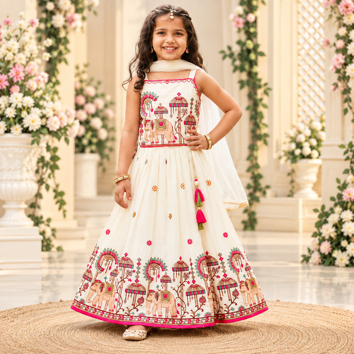 Girls ethnic lehenga set front view cream elephant print