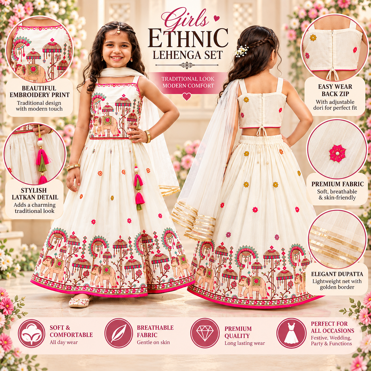Girls ethnic lehenga set product infographic cream