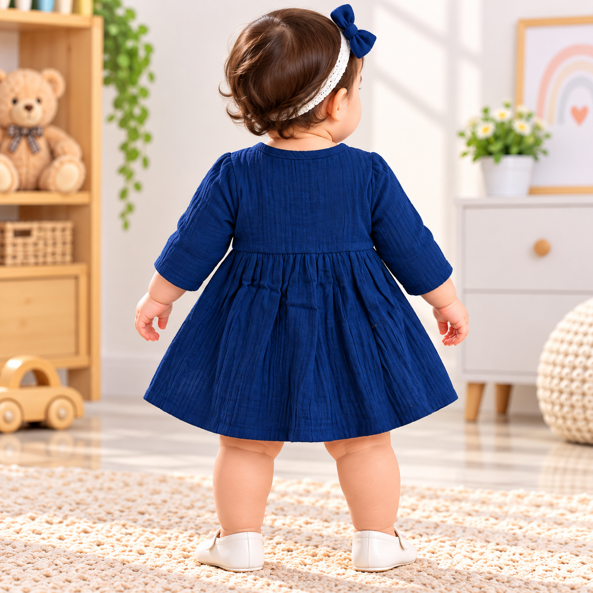 Smile Baby navy baby girl frock back view