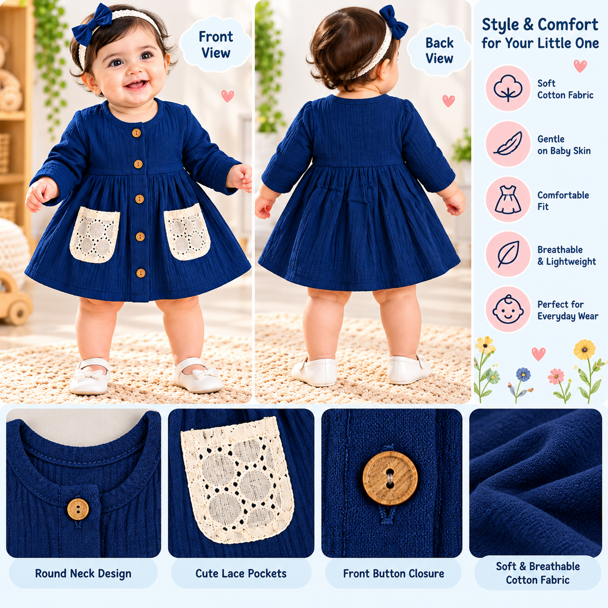 Smile Baby baby girl frock front and back infographic