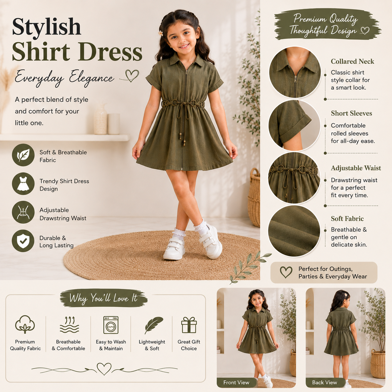 LEO N BABES Girls Green Midi Dress | Stylish Collared Shirt Dress with Adjustable Waist | 18 Months to 12 Years