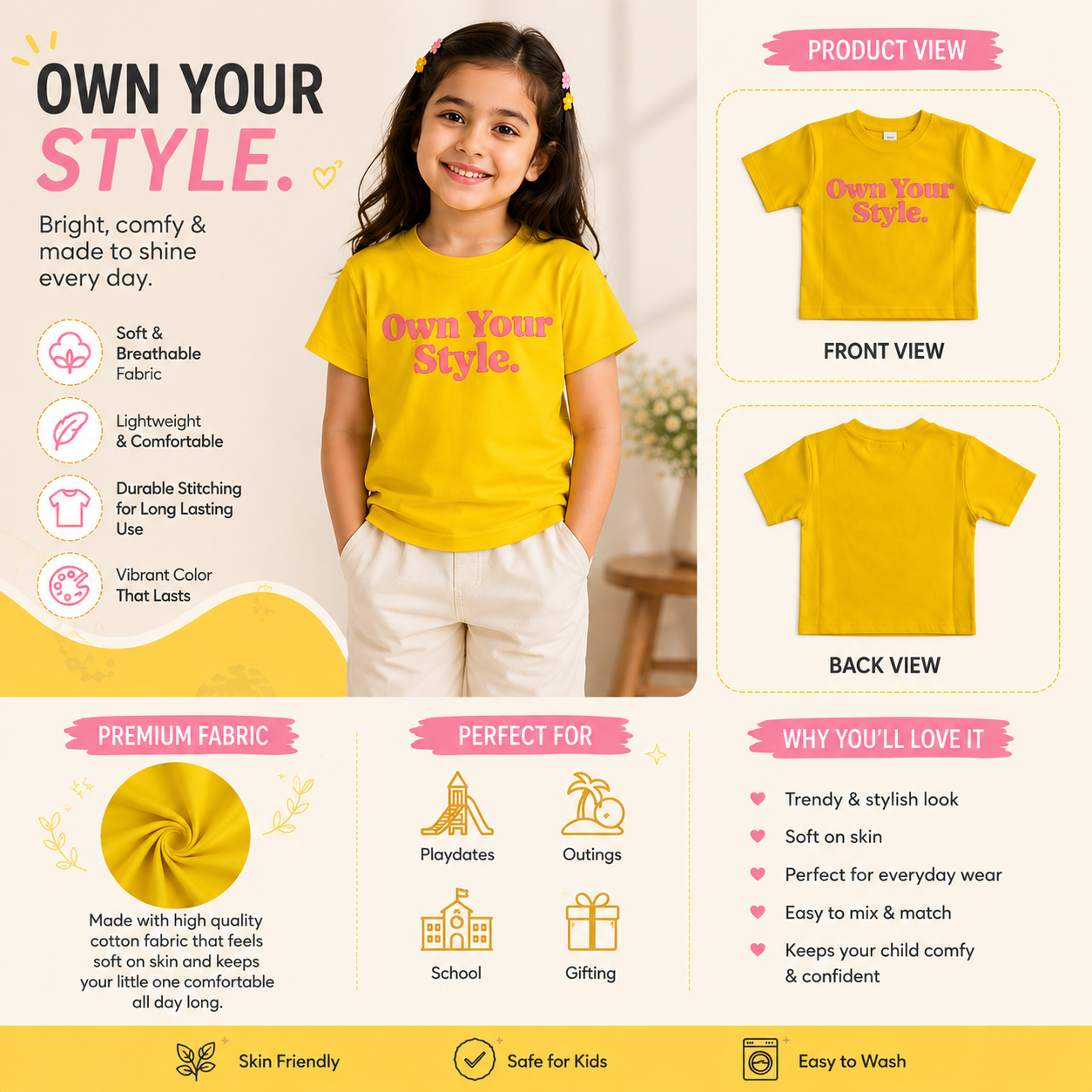 Reverse X-Treme girls yellow T-shirt A+ product infographic showing front and back views, soft breathable fabric, lightweight comfort, durable stitching and suitable occasions