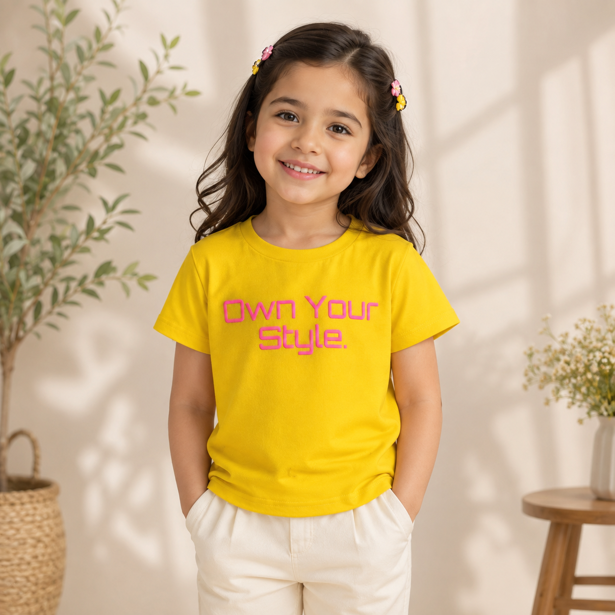 Reverse X-Treme girls yellow T-shirt with pink “Own Your Style.” graphic print, paired with cream trousers