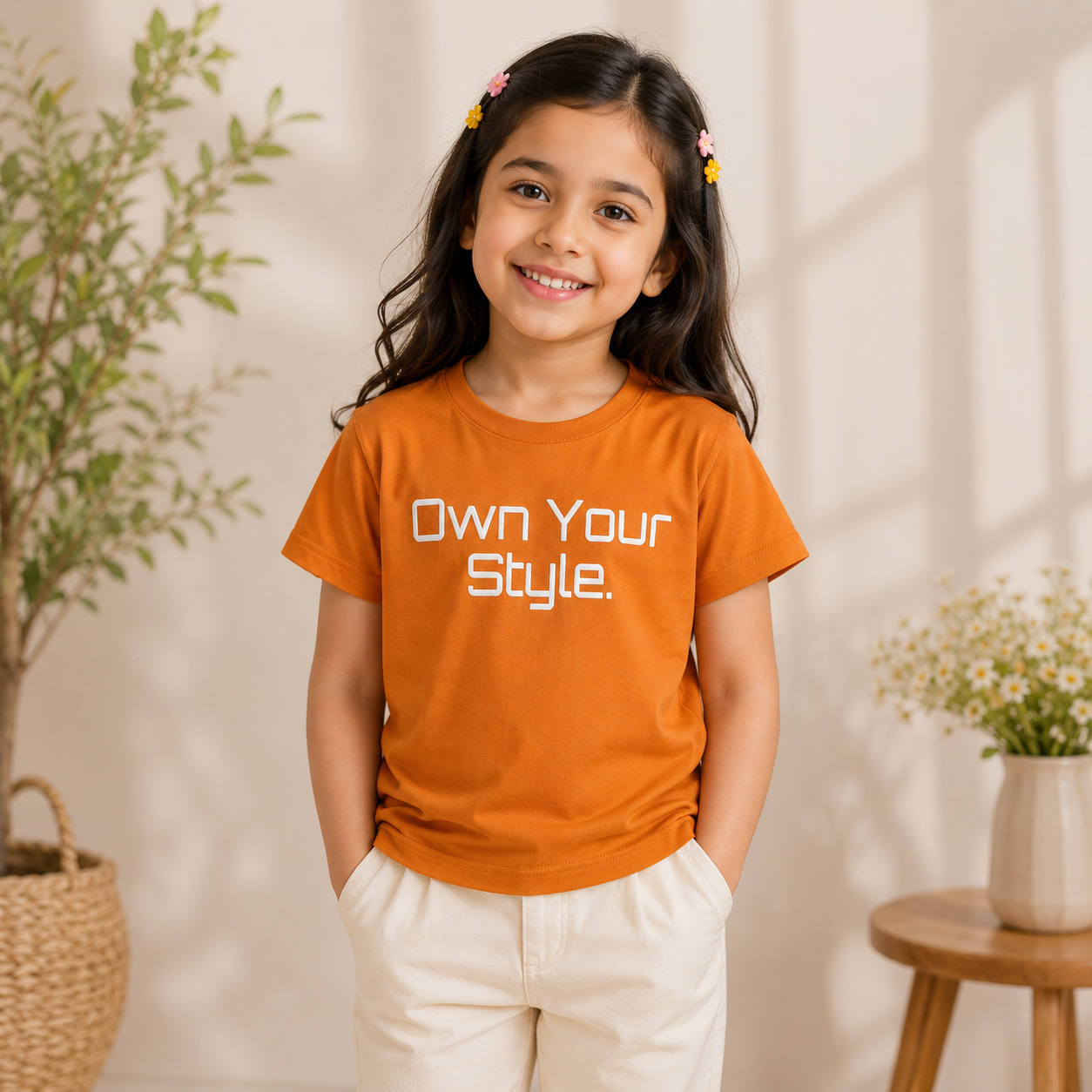 Reverse X-Treme girls orange T-shirt with white “Own Your Style.” graphic print, paired with cream trousers