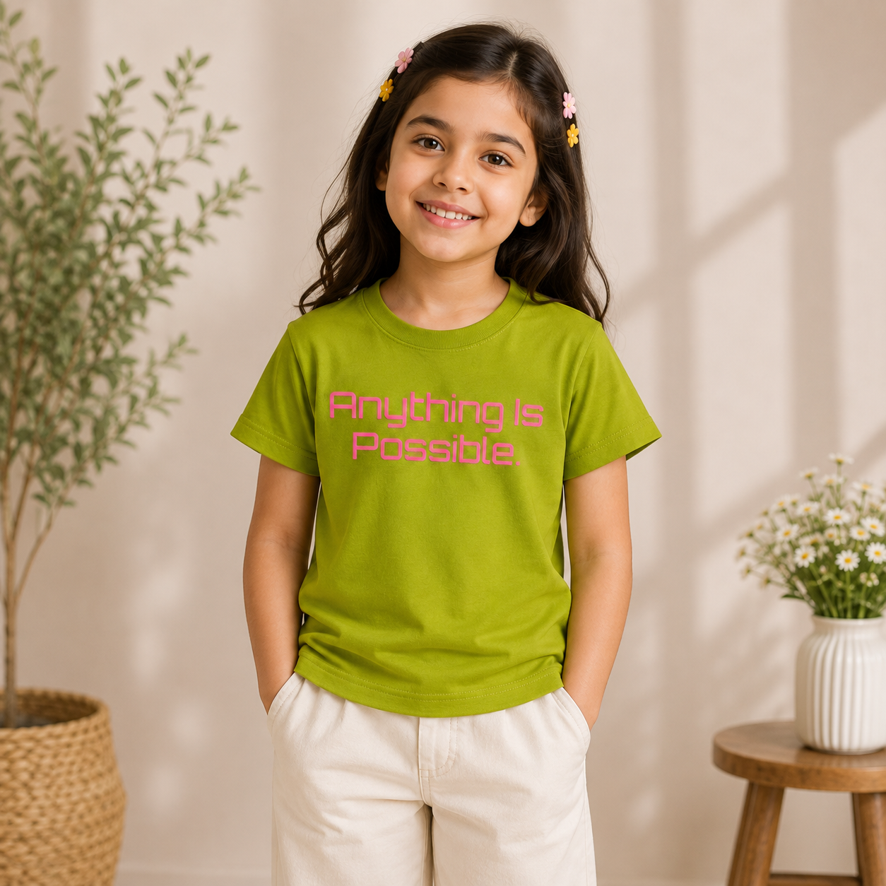 Reverse X-treme girls N. Green T-shirt with pink “Anything Is Possible.” graphic print, worn with cream trousers