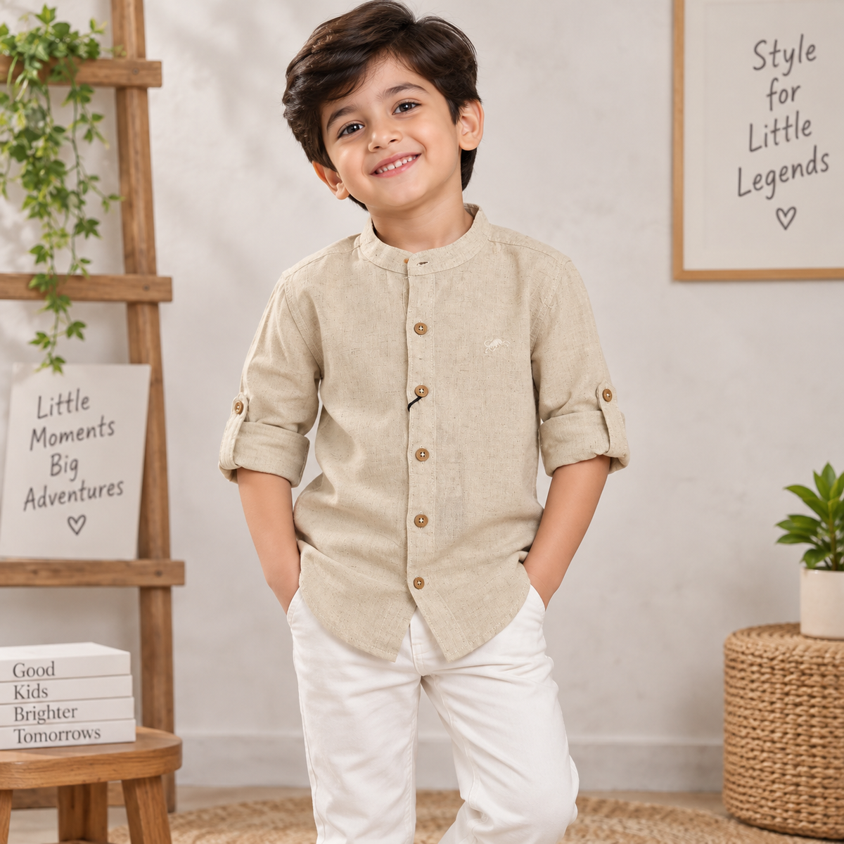 Smile Baby beige mandarin collar shirt for boys front view