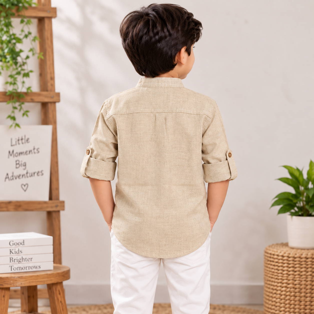 Smile Baby beige boys shirt back view with roll-up sleeves