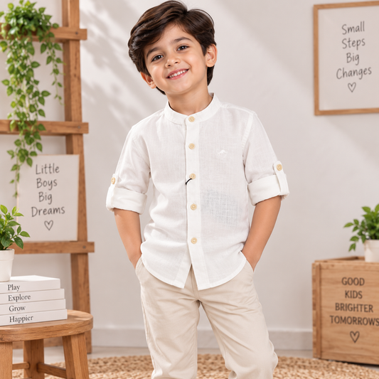 Smile Baby white mandarin collar shirt for boys front view