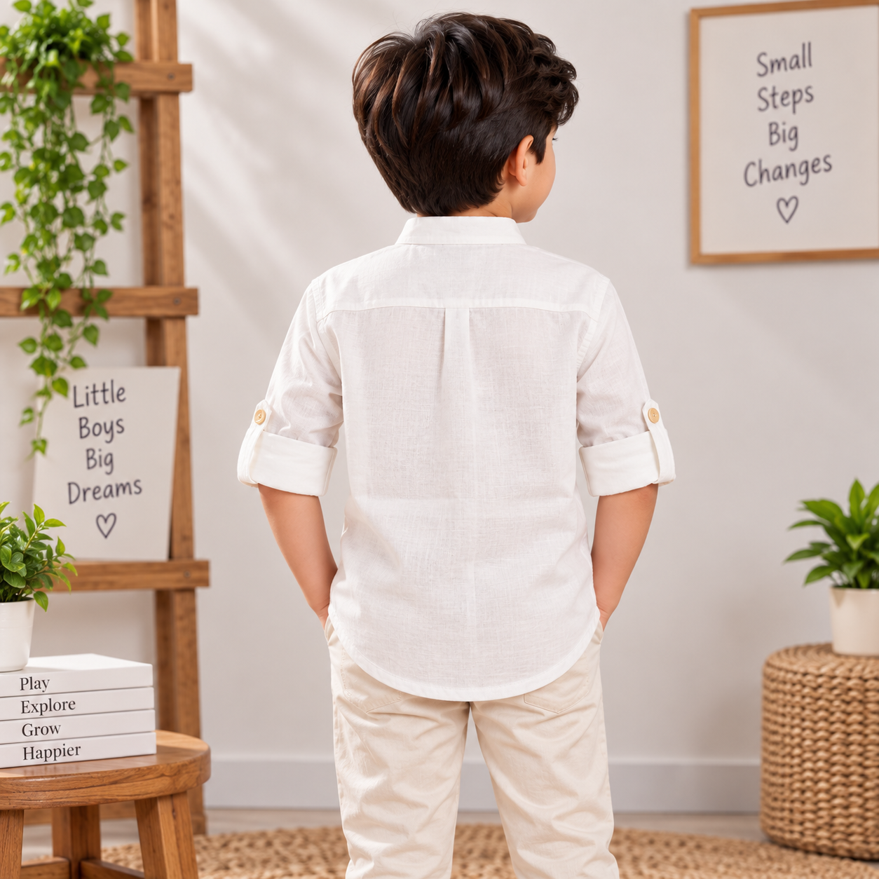 Smile Baby white boys shirt back view with roll-up sleeves