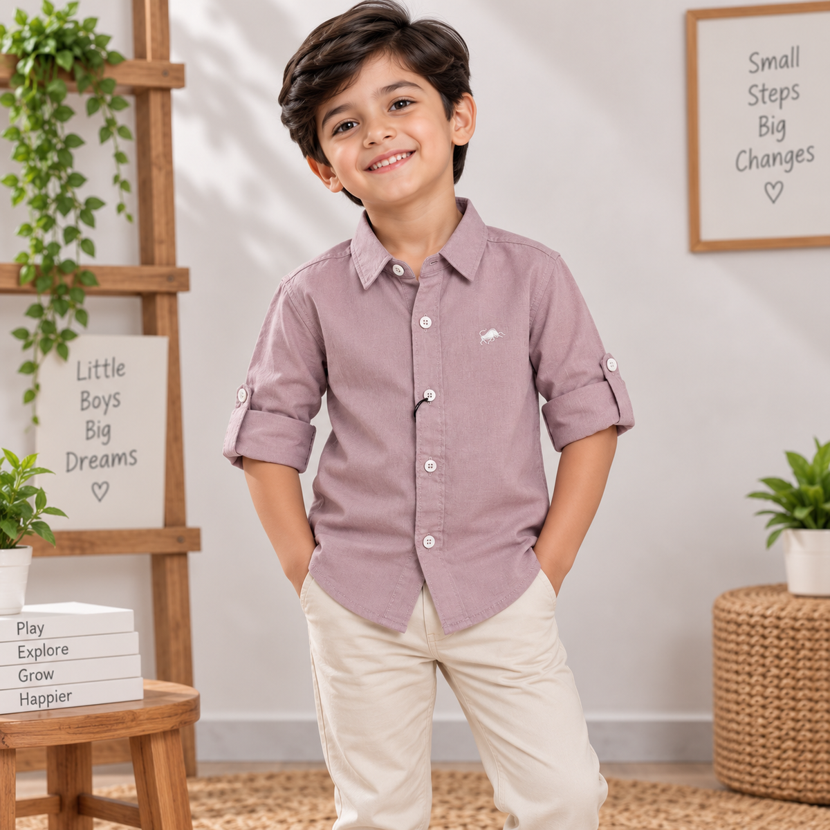Smile Baby boys purple casual shirt front view with classic collar and embroidered detail