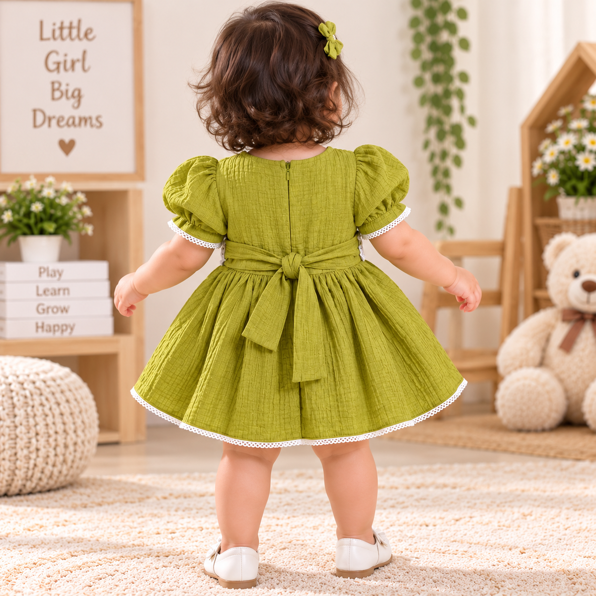 JUST TOTS girls green frock back view with puff sleeves, waist bow tie and flared skirt