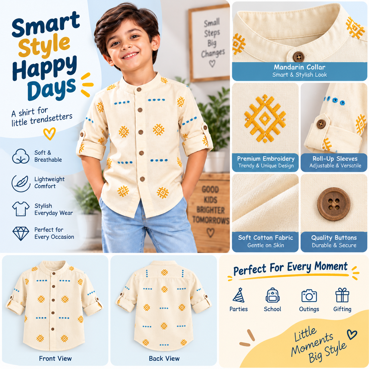 SMILE BABY boys cream embroidered shirt product infographic showing Mandarin collar, roll-up sleeves, embroidery, buttons and front back views