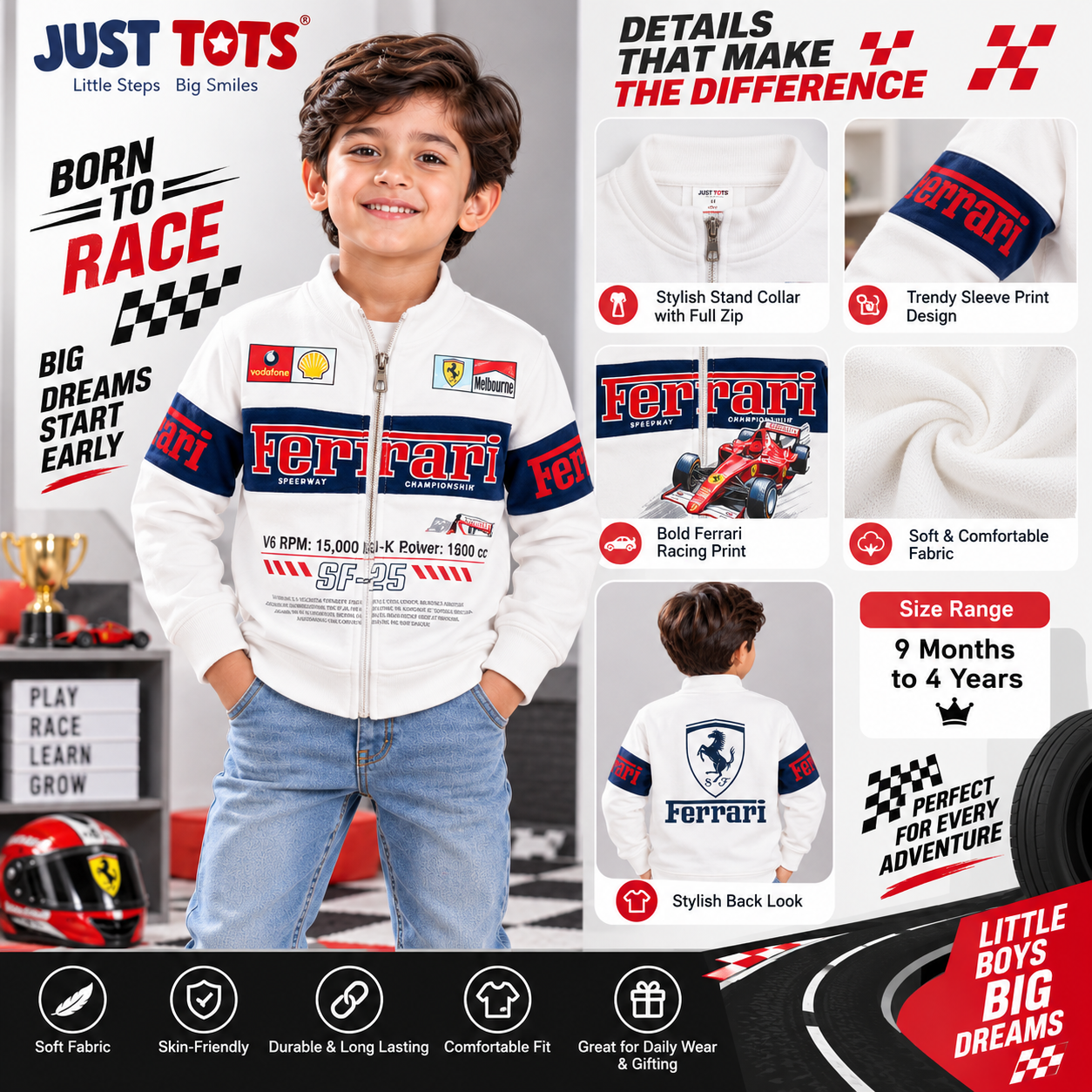 Red Sound boys white racing jacket and T-shirt set A+ infographic showing stand collar, full zip, sleeve print, racing graphic, soft fabric and back design