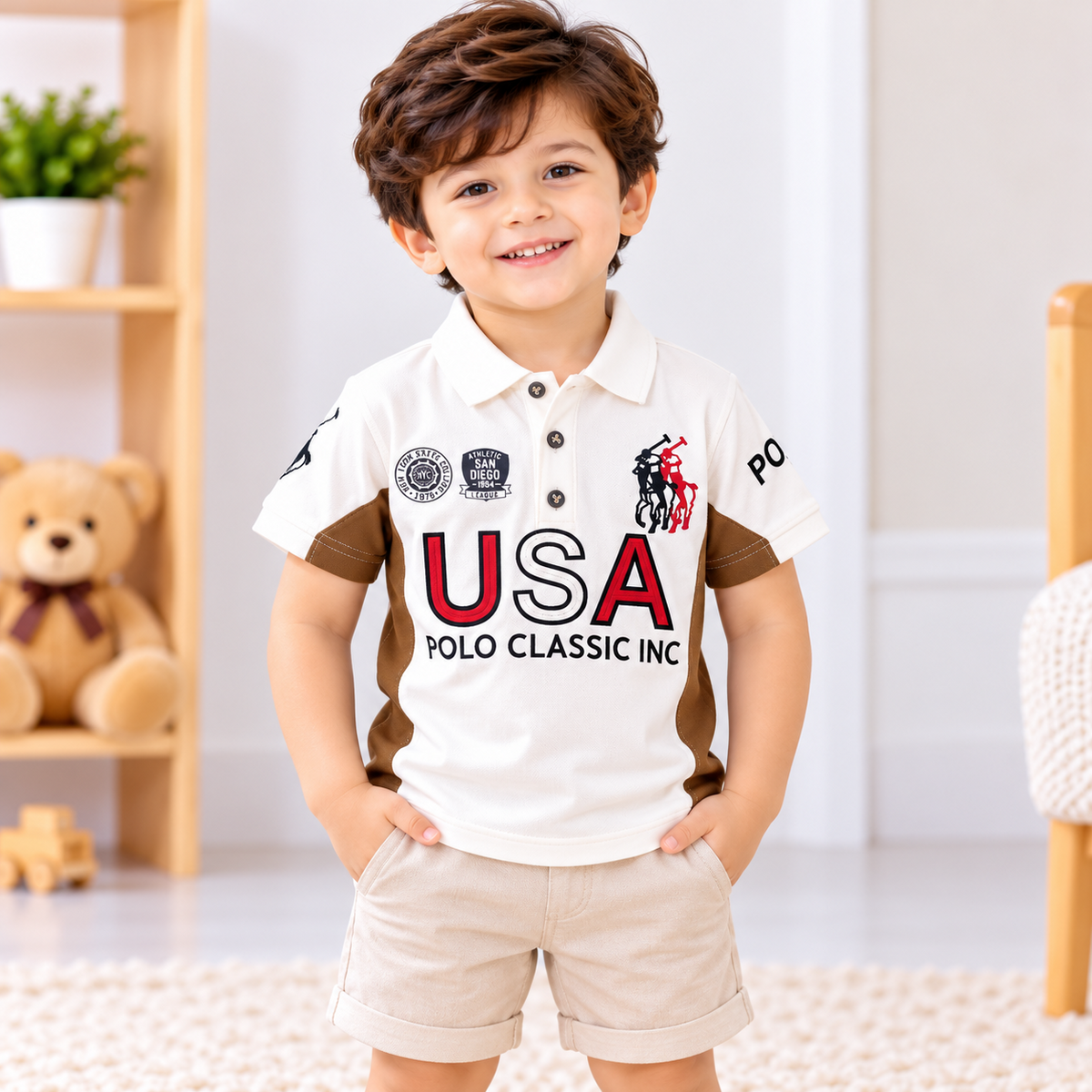 Front view of 99 BALLON white and khakhi USA graphic polo T-shirt for boys
