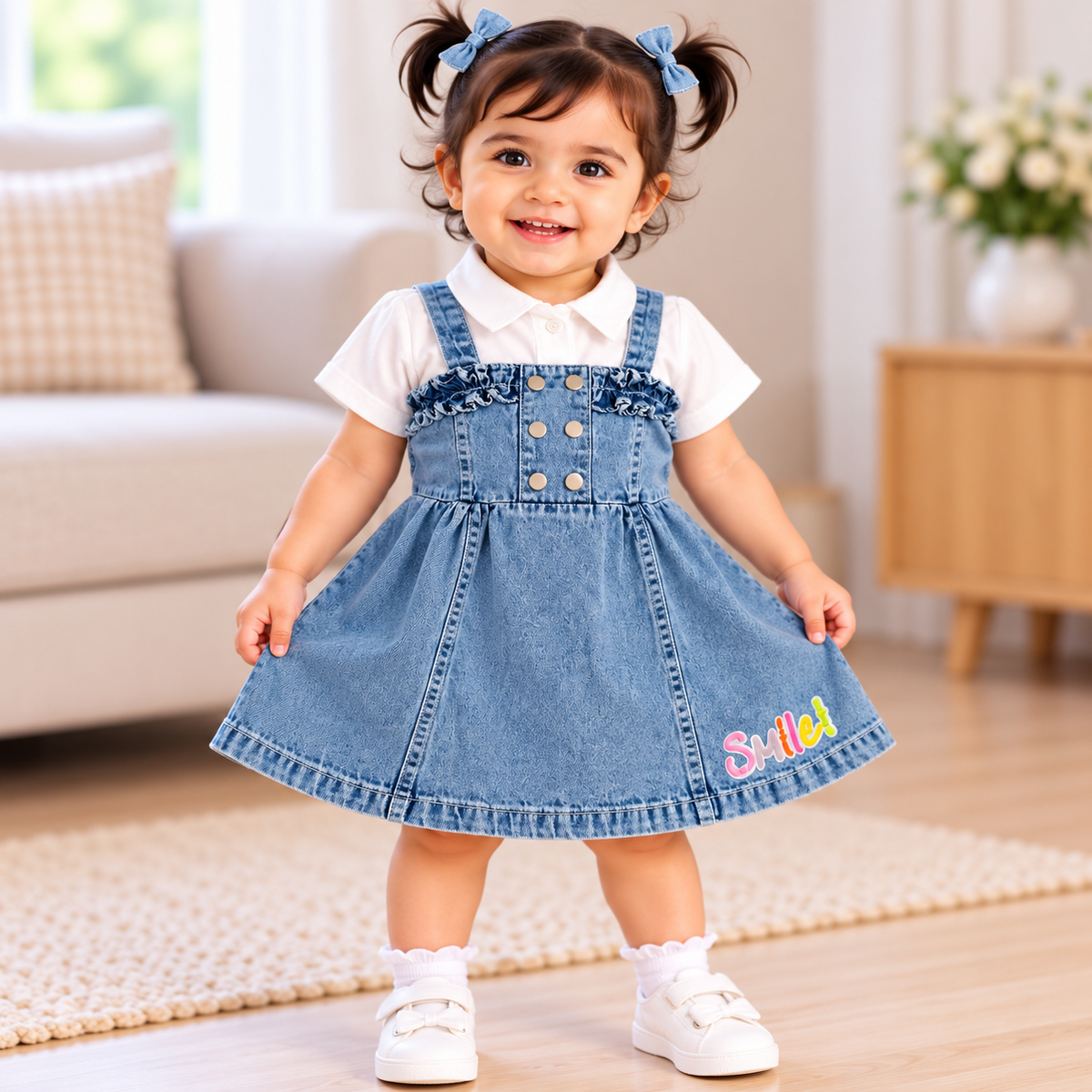 Front view of toddler in light blue denim pinafore dress set