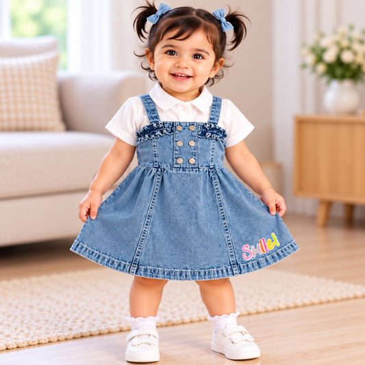 Front view of toddler in light blue denim pinafore dress set
