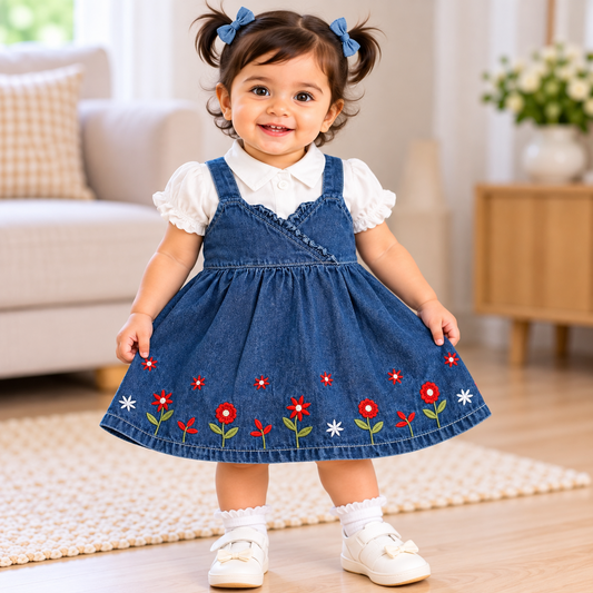 Front view of girls blue denim floral embroidered pinafore dress set