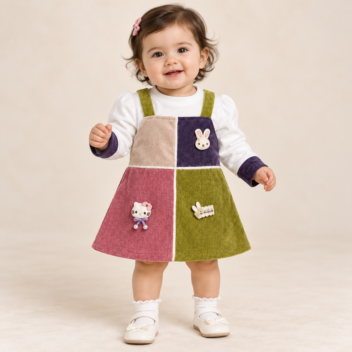Front view of SMILE BABY multicolour patchwork pinafore dress