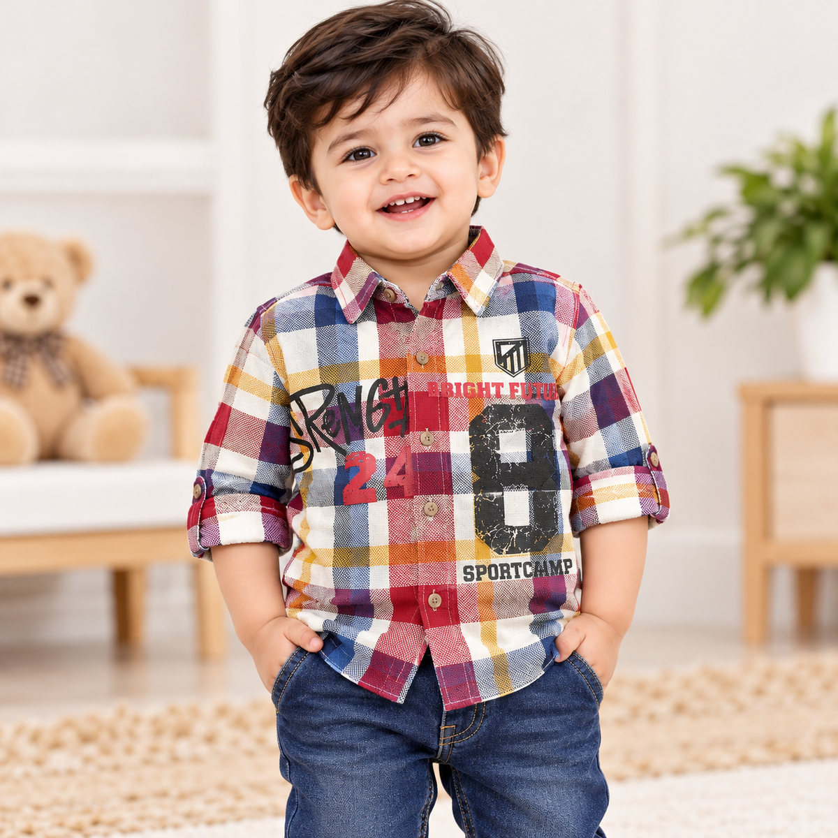 GUSTO boys multicolour plaid button-up shirt front view