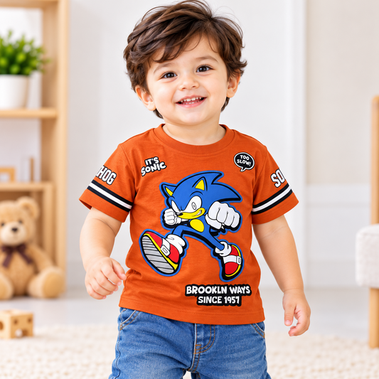 Smile Baby rust orange Sonic graphic boys T-shirt front view with blue character print