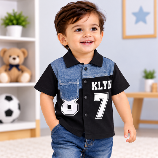 Front view of COOLEST boys black and blue Brooklyn 87 shirt