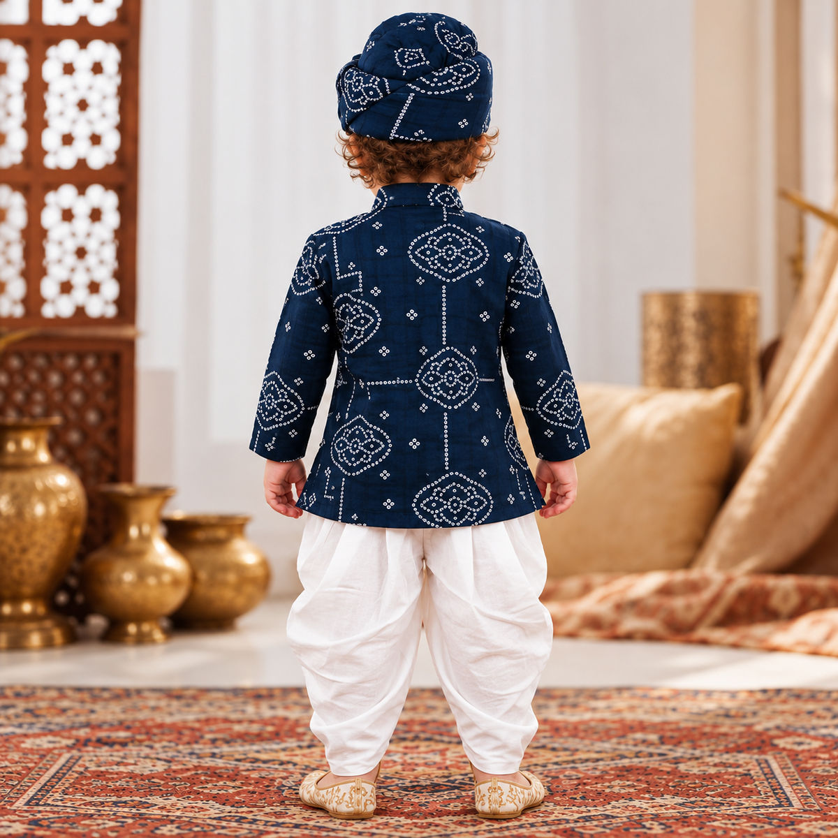 Back view of SMILE BABY navy blue Bandhani Indo-Western outfit